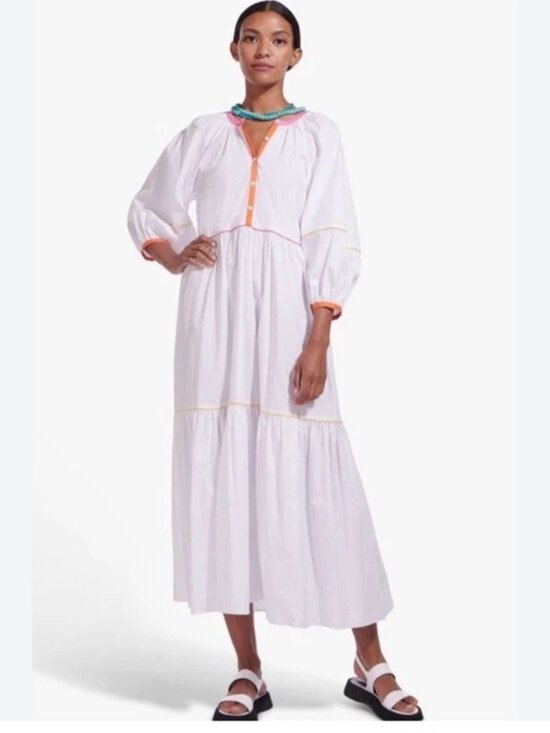 STAUD Dresses & Skirts - STAUD Demi Dress White Poplin Rainbow Trim Maxi Dress Tiered, Cotton, Small, NWT